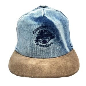 Vintage Adventure Bound Hat Cap SnapBack Denim Leather Bill USA 90s Hiking Faded
